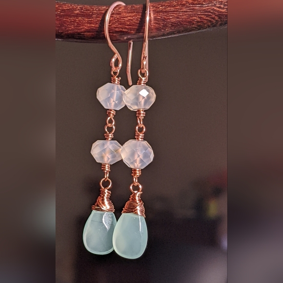 Artisan Chalcedony Earrings Copper Wire Wrapped Gemstone Jewelry - Picture 6 of 16